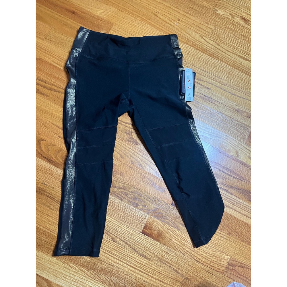 RBX Active Black Metallic Stripe Cropped Leggings  Size Small NWT Gold trim